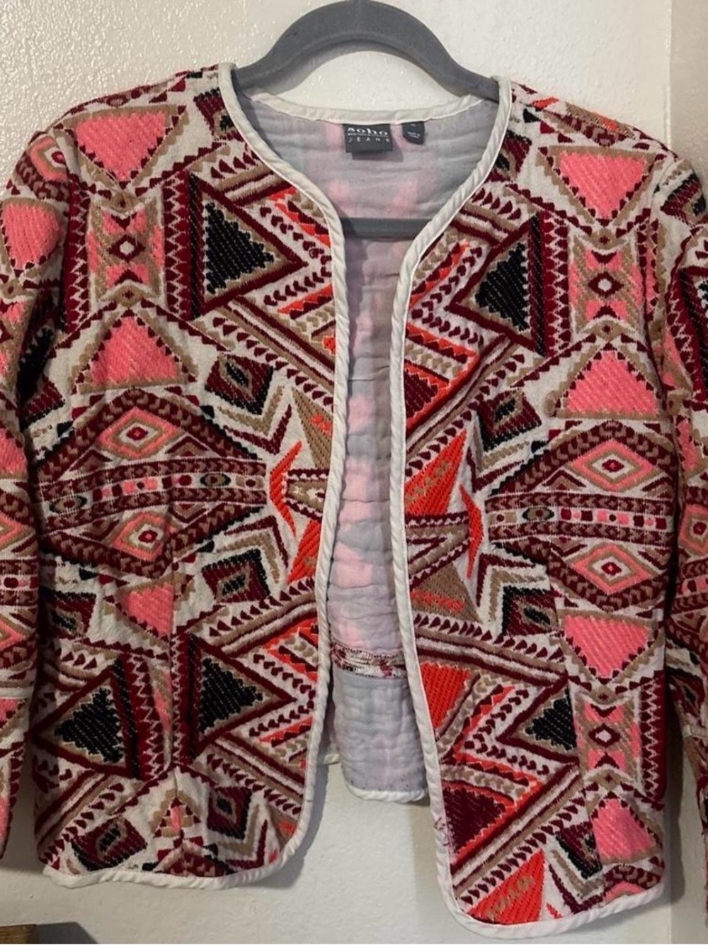 New York & Company Pink, Red & Black Quilted Geometric Jacket